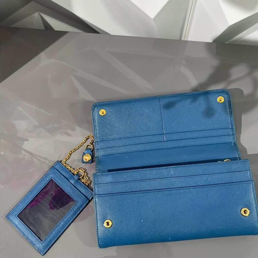 PRADA Blue Bow Saffiano Leather Wallet - Picture 4 of 17